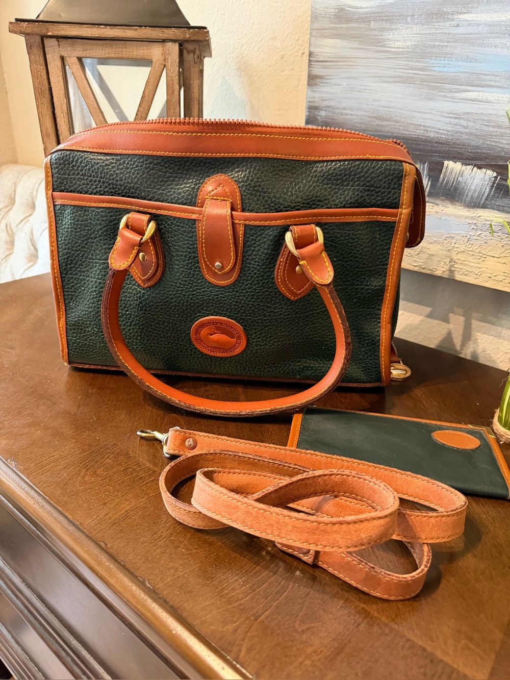 Dooney & Bourke Dark Green Pebbled Leather Satchel with Tan Trim and Strap